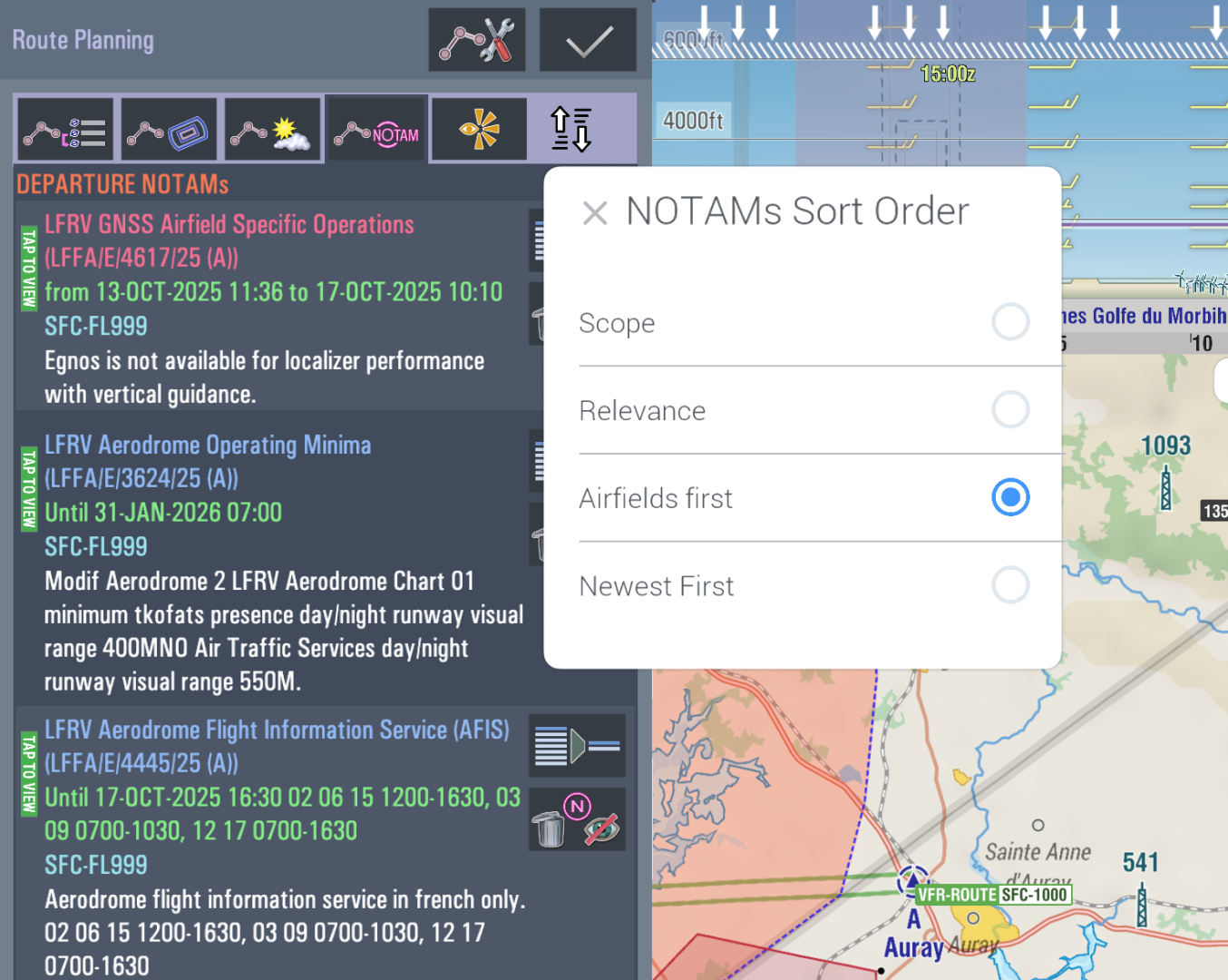 NOTAM tab with Sort menu showing Scope, Relevance, Airfields first, Latest first