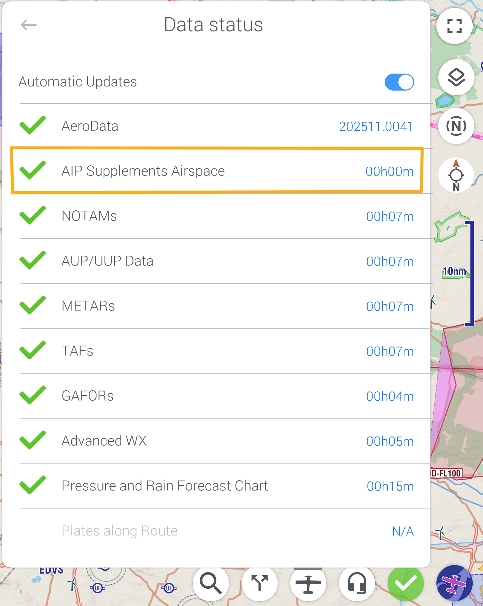 Screenshot of Status card → Data screen highlighting “AIP Supplement Airspaces” download option