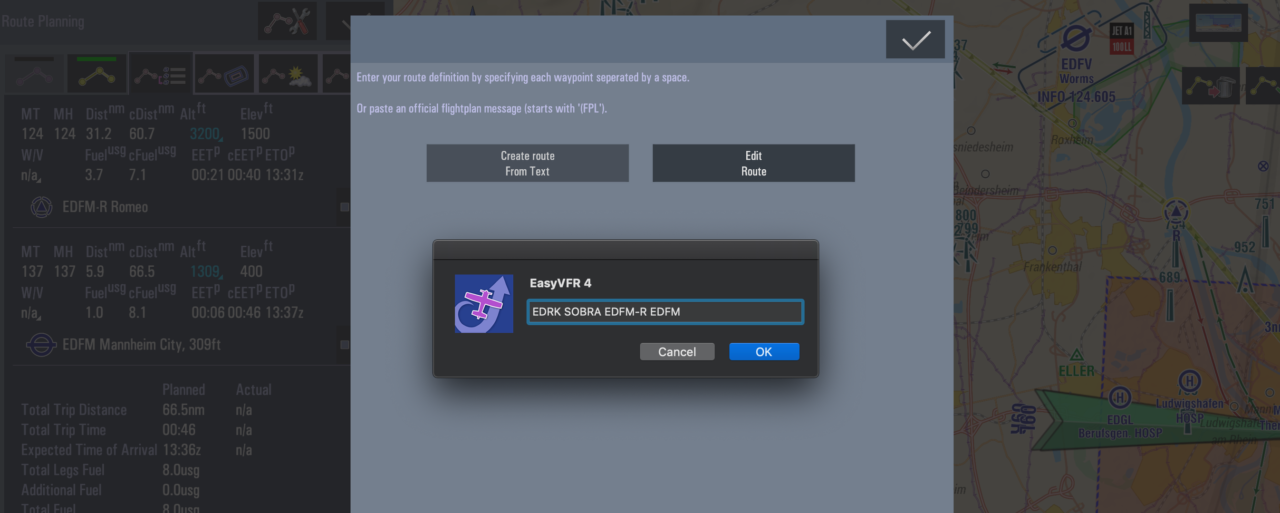 Create route using free text EasyVFR 4