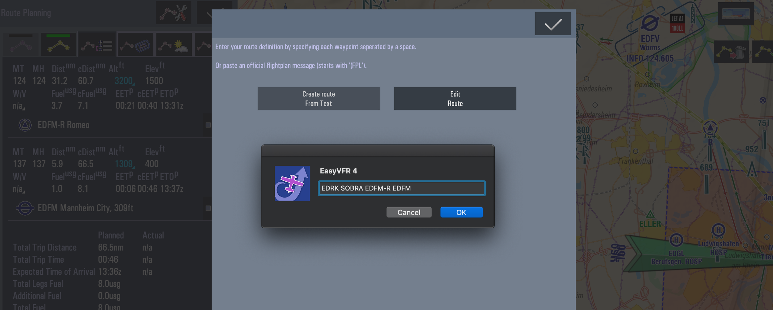 Create route using free text EasyVFR 4