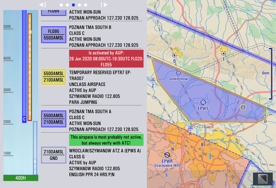 by AUP activated airspace highlighted and quickinfo window