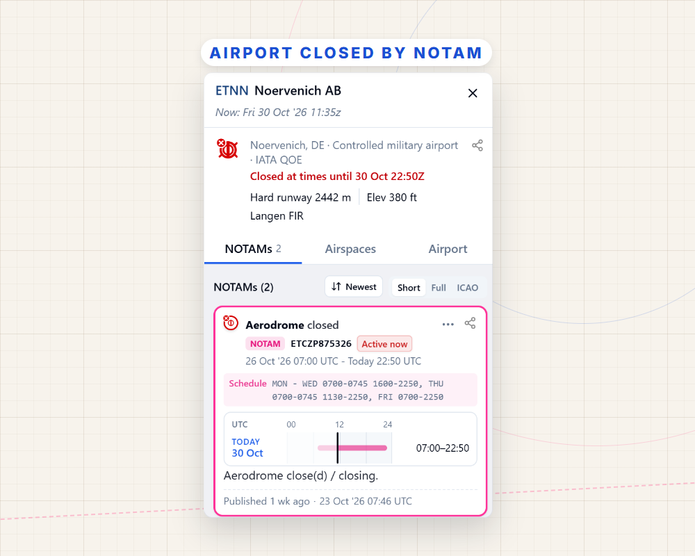 The airport drawer showing Noervenich closed by NOTAM, with the closing NOTAM first